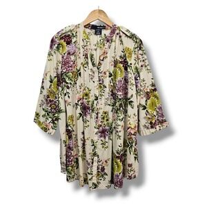 Denim 24/7 Floral Top Button Up 18W Cream Purple Green Boho Lightweight Casual.